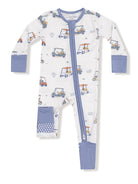 White baby onesie with blue sleeves, featuring a playful golf cart pattern and a front zipper.