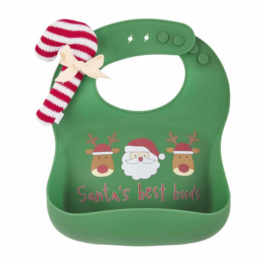 Green Silicone Christmas Bib & Candy Cane Rattle Set