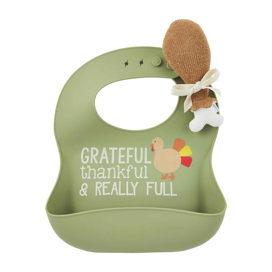 Silicone Bib & Rattle Set, Thanksgiving Grateful, Thankful, Really Full Green