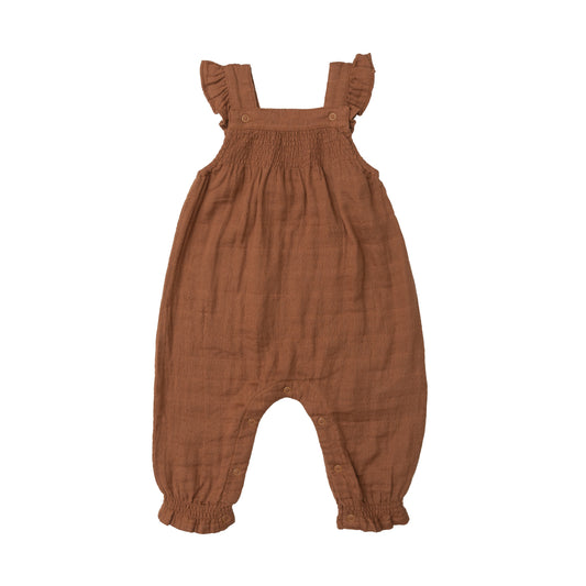 Muslin Smocked Front Coverall, Caramel Cafe