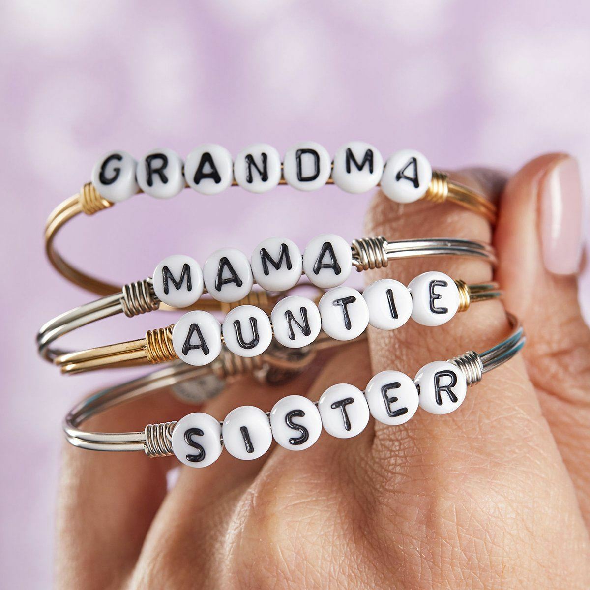 Mama Letter Bead Bangle Bracelet, Silver