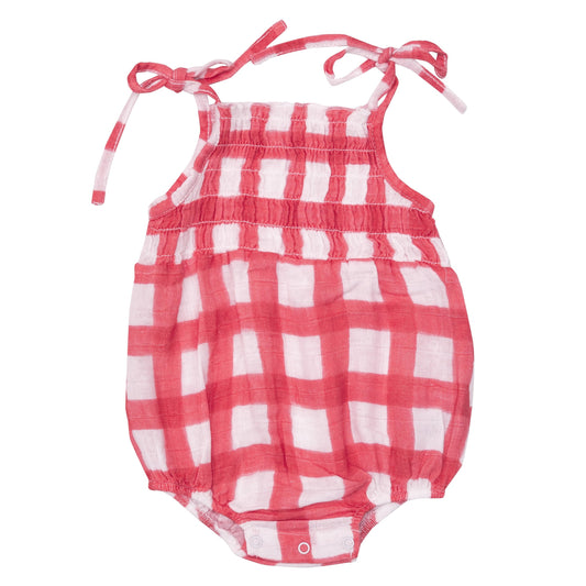 Tie Strap Smocked Bubble Sunsuit, Painted Gingham Red