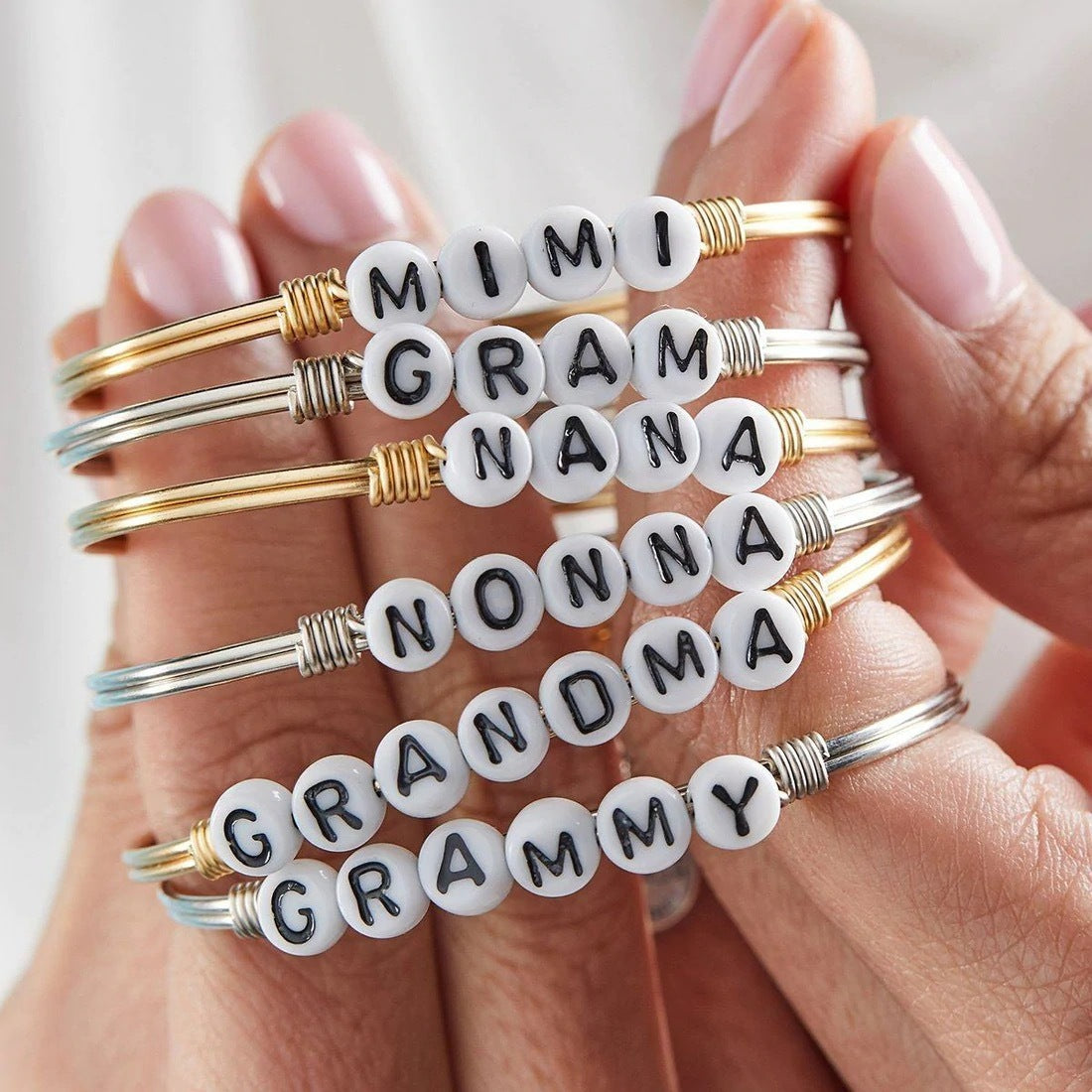 Grandma Letter Bead Bangle Bracelet, Silver