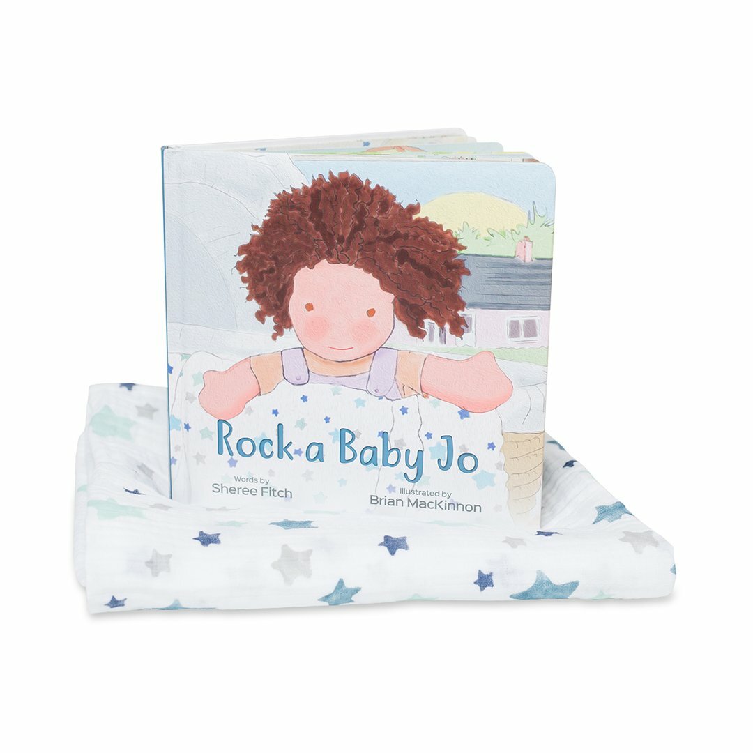 SpearmintLOVE’s baby Rock a Baby Jo, Muslin Blanket and Book Set