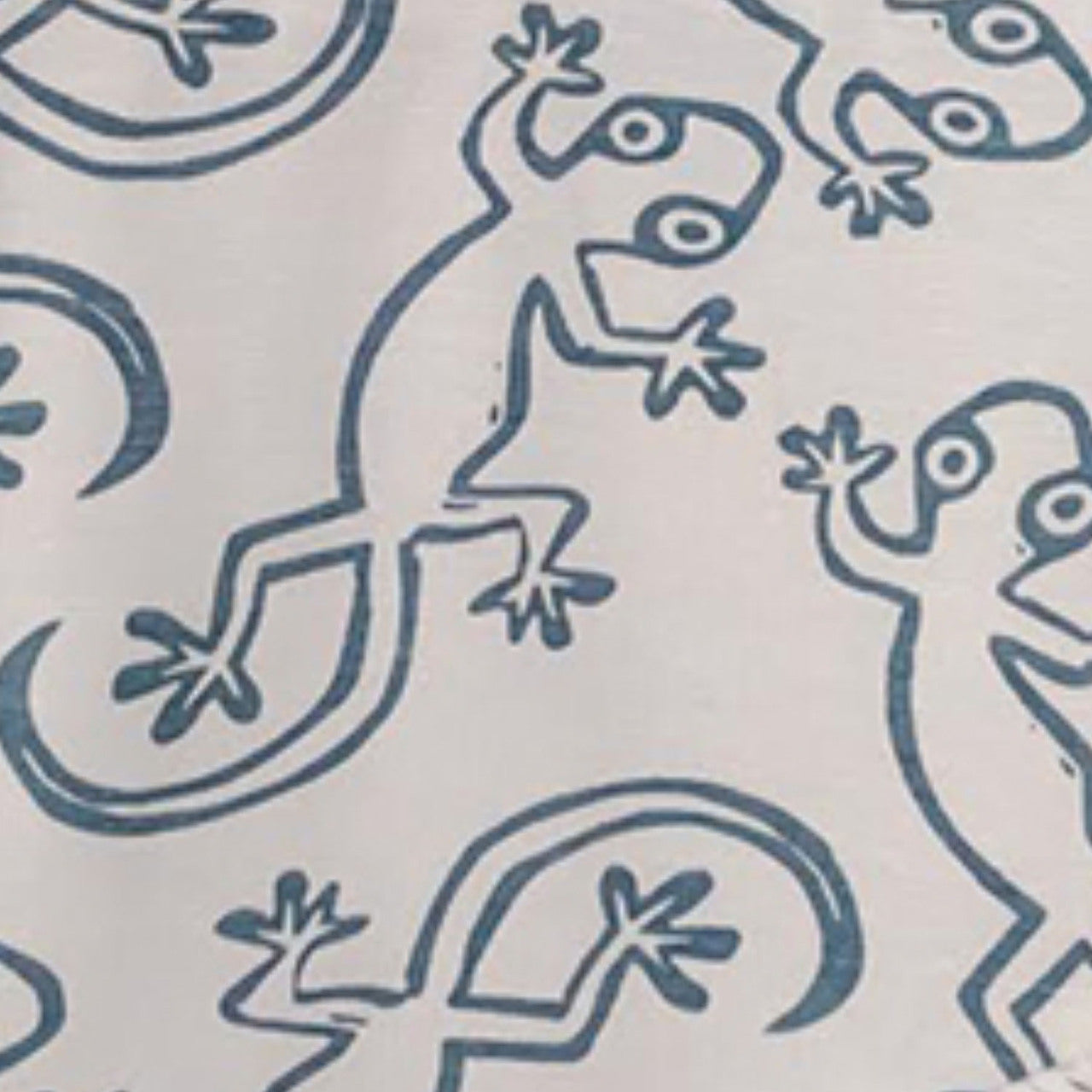 Pattern of blue geckos on a light background, featuring whimsical poses and playful designs.