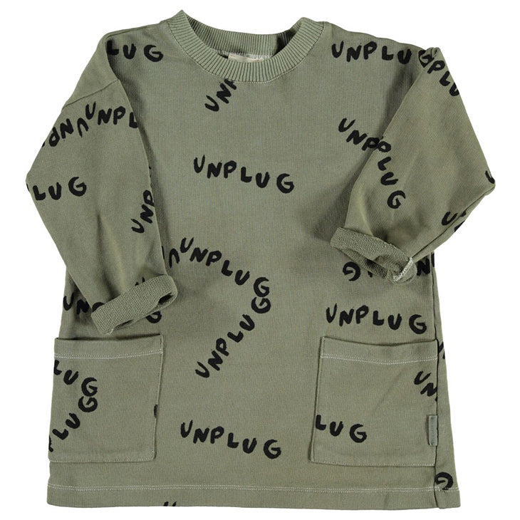 SpearmintLOVE’s baby Oversized Sweatshirt Dress, Unplug Allover Khaki