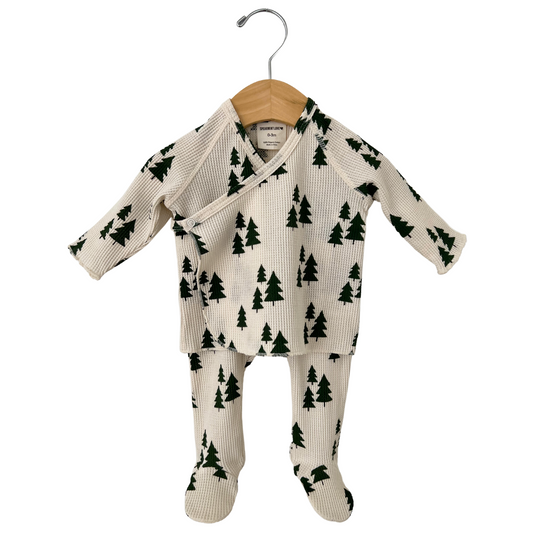 Organic Waffle Kimono & Pant Set, Forest Green Trees