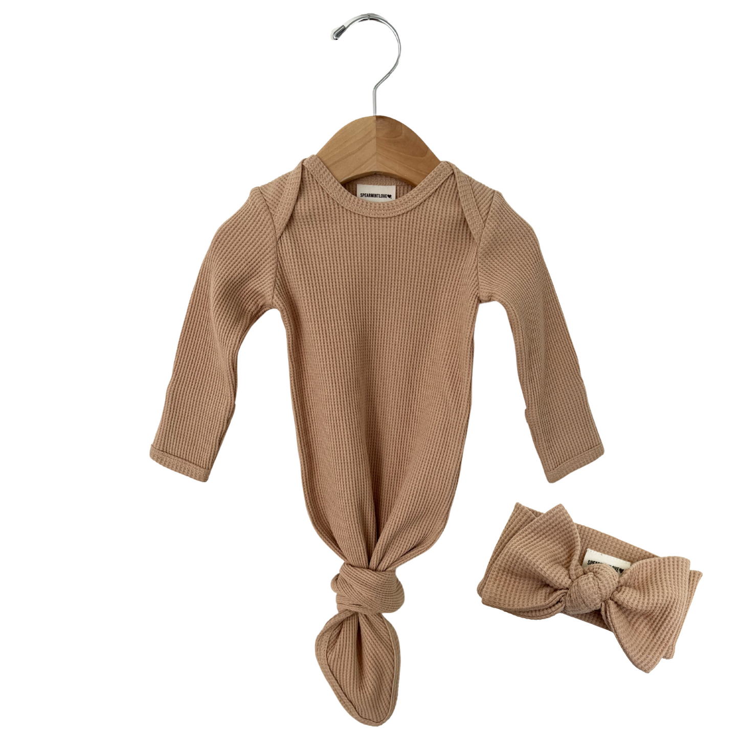 Organic Waffle Knotted Gown & Bow Set, Tan