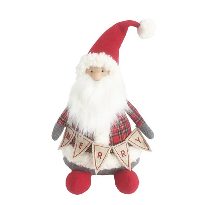 Festive plush Santa figure in red hat and plaid suit, holding a banner that says "Merry." Ideal for holiday decor.