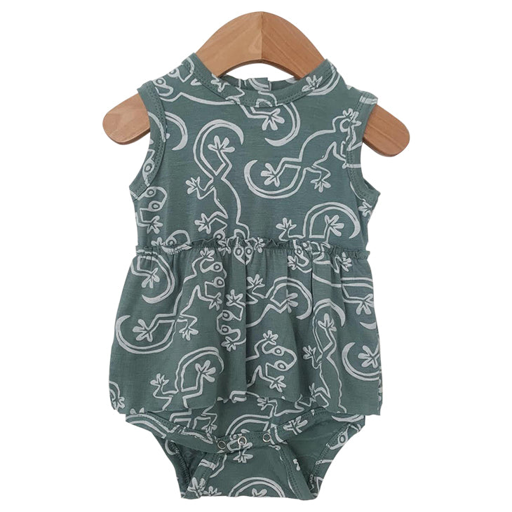 SpearmintLOVE’s baby Sleeveless Skirted Bodysuit, Lizard Seafoam