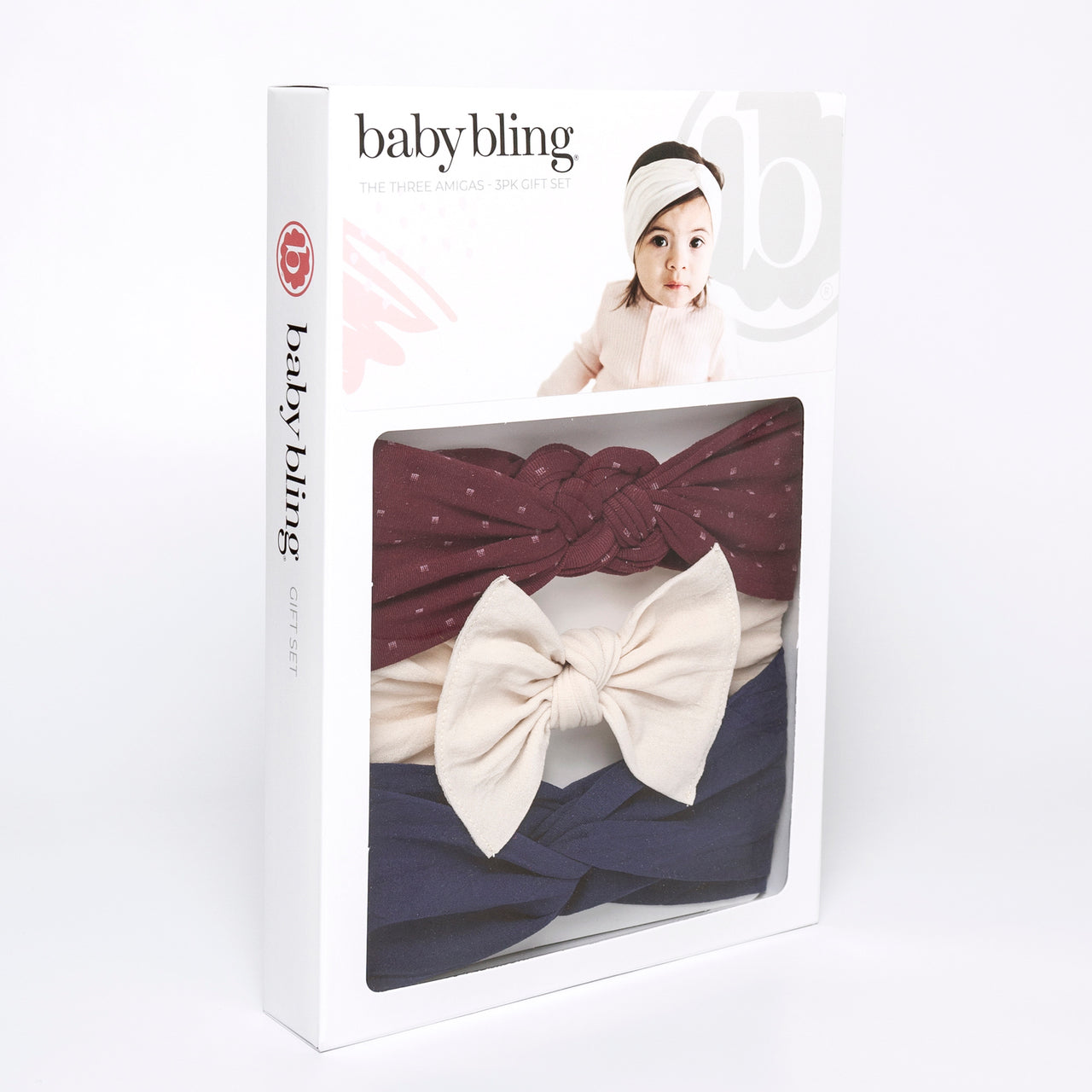 SpearmintLOVE’s baby Three Amigas Bow Set, Oatmeal, Burgundy Dot, Cobalt