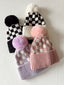 Checkerboard Fur Pom Hat, Wisteria