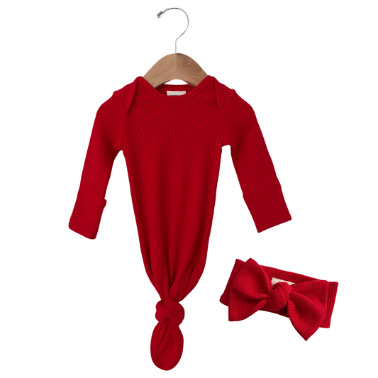Organic Waffle Knotted Gown & Bow Set, Red