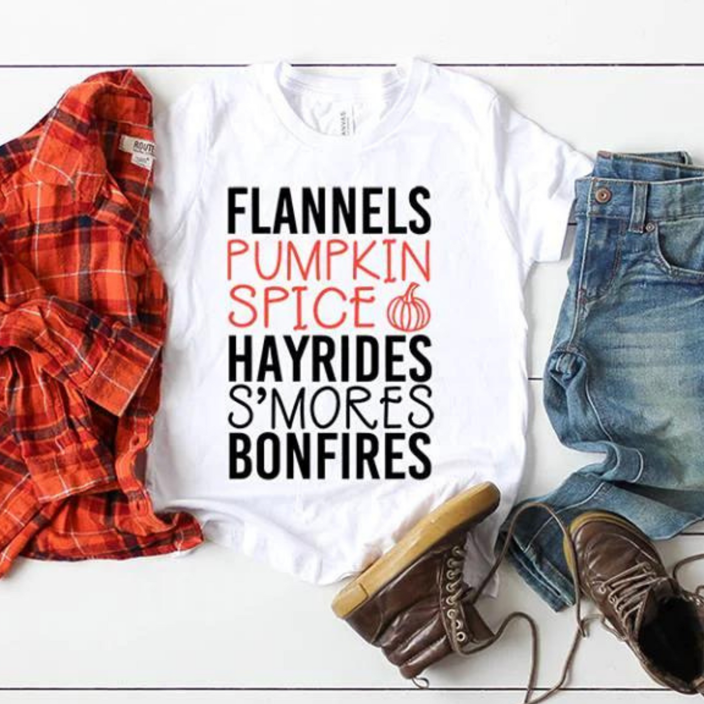 Flannels Pumpkin Spice Hayrides Bonfires S'mores Graphic Tee, White