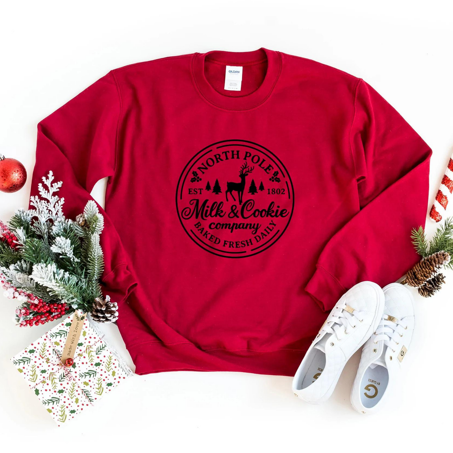 North Pole Milk & Cookies Circle Adult Graphic Sweatshirt, Cardinal