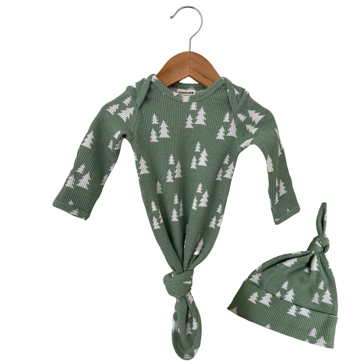 Organic Waffle Knotted Gown & Hat Set, Alpine Trees