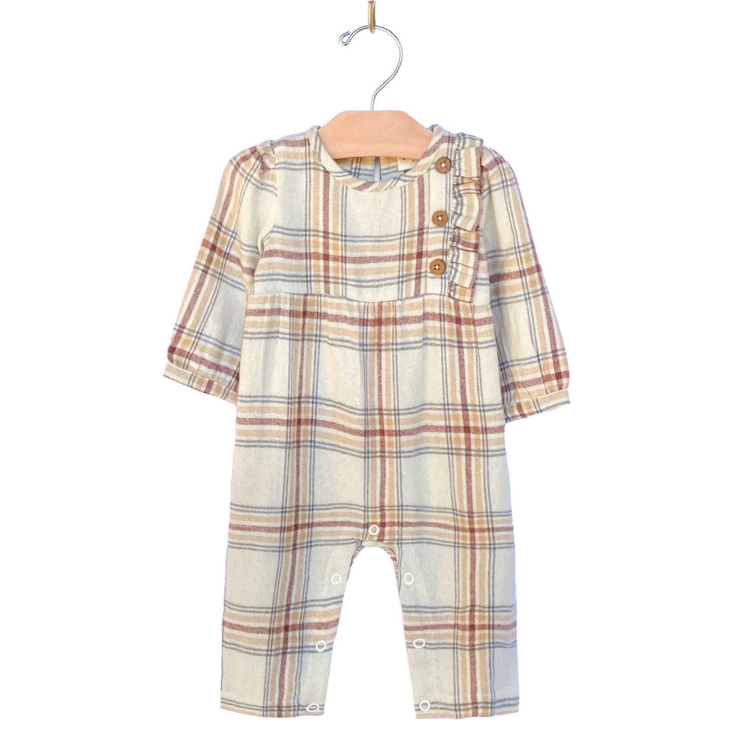 Flannel Side Button Romper, Light Taupe