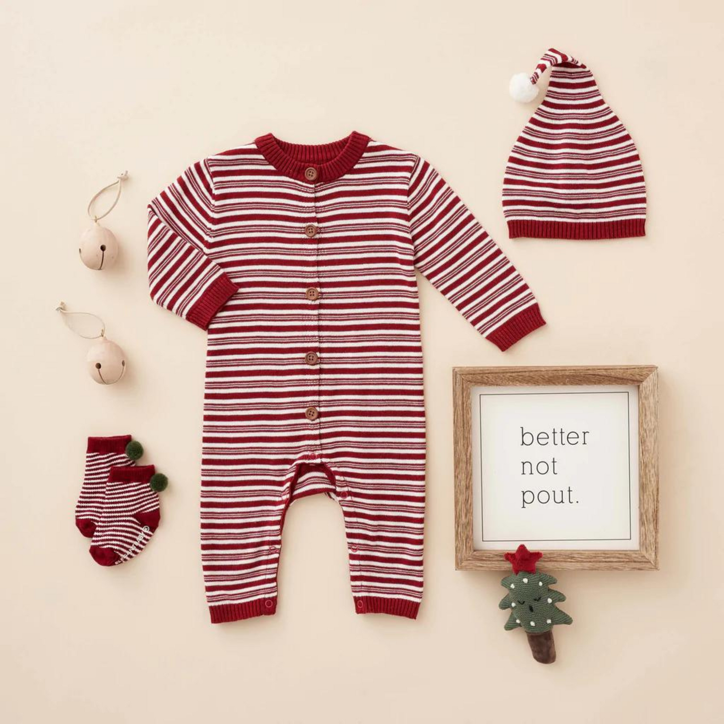Baby Jumpsuit & Hat Set, Holiday Striped
