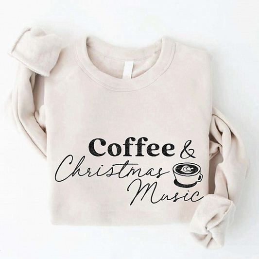 Coffee & Christmas Music Women's Graphic Fleece Sweatshirt, Heather Dust