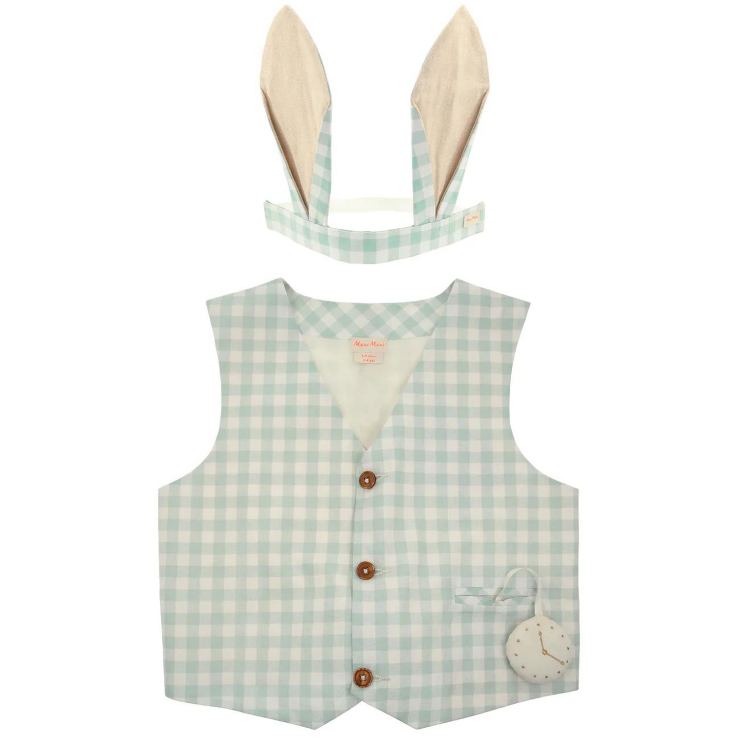 Light blue checkered vest with bunny ears headband and pocket watch detail. Suitable for playful costumes.