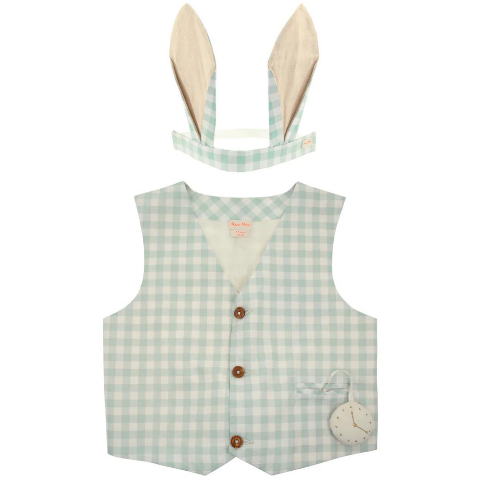 Light blue checkered vest with bunny ears headband and pocket watch detail. Suitable for playful costumes.