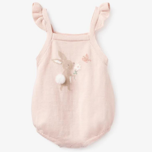 Garden Picnic Bunny Knit Bubble Romper, Pink