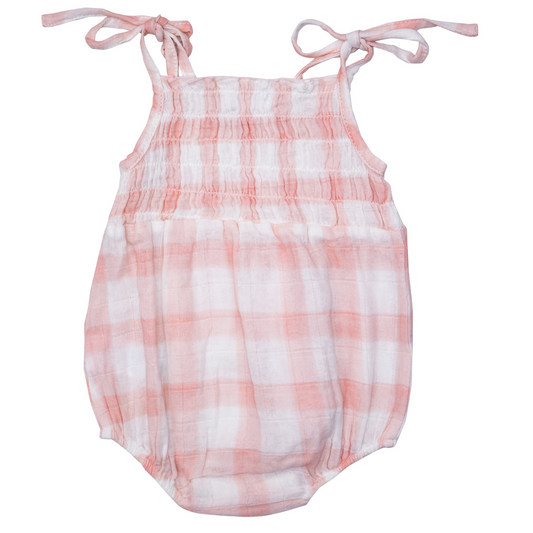 Tie Strap Smocked Bubble Sunsuit, Painted Gingham Pink