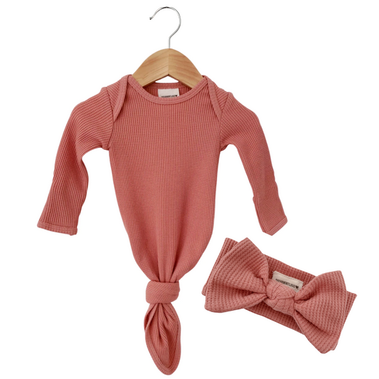 Organic Waffle Knotted Gown & Bow Set, Dusty Rose