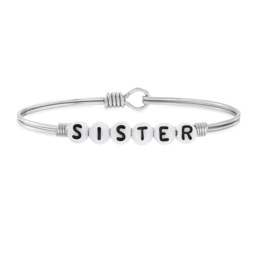 Sister Letter Bead Bangle Bracelet, Silver