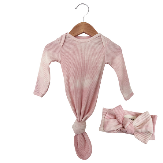Organic Waffle Knotted Gown & Bow Set, Ballet Pink Tie Dye