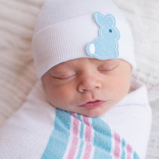 SpearmintLOVE’s baby Newborn Hat, Blue Bunny Patch