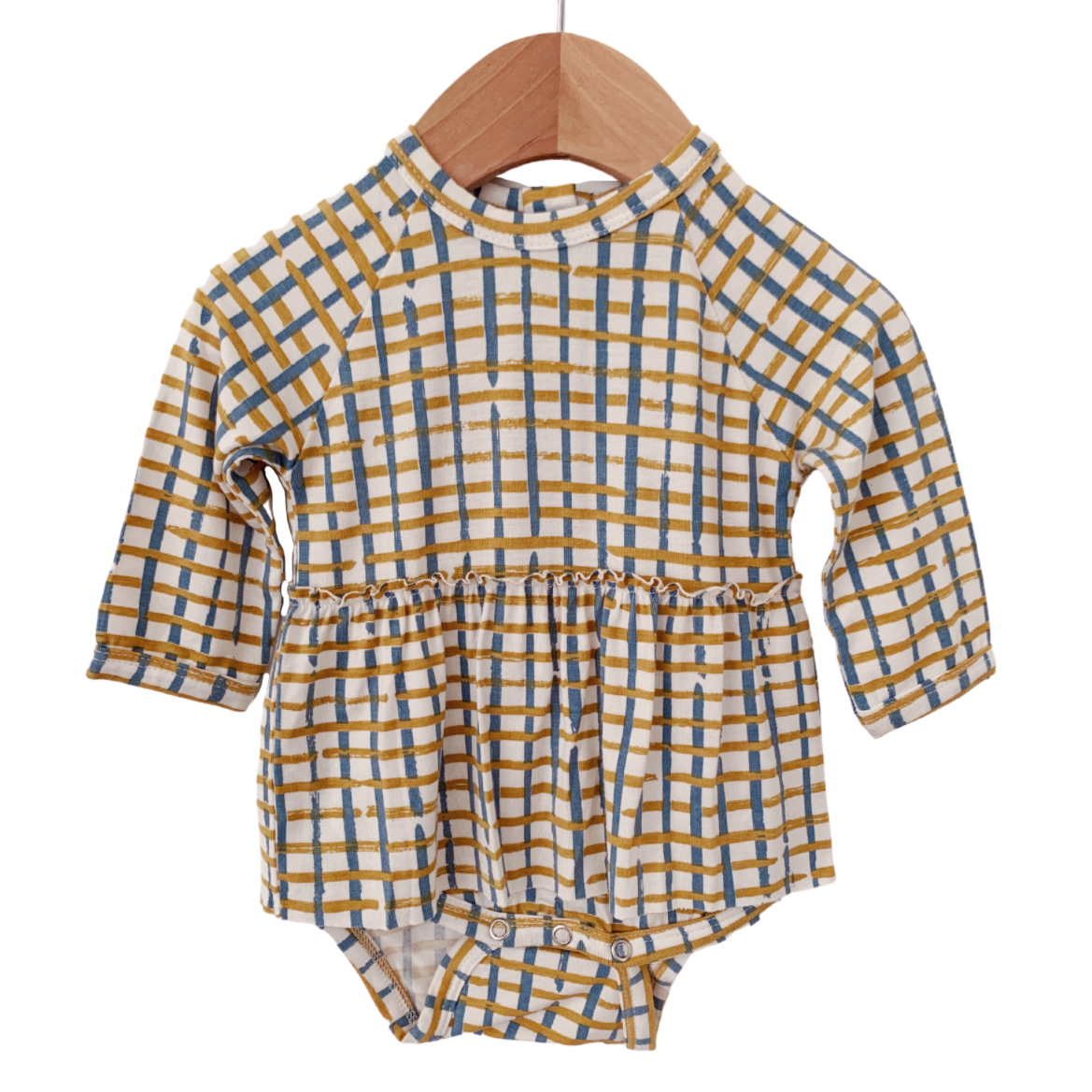 SpearmintLOVE’s baby Long Sleeve Skirted Bodysuit, Blue Check