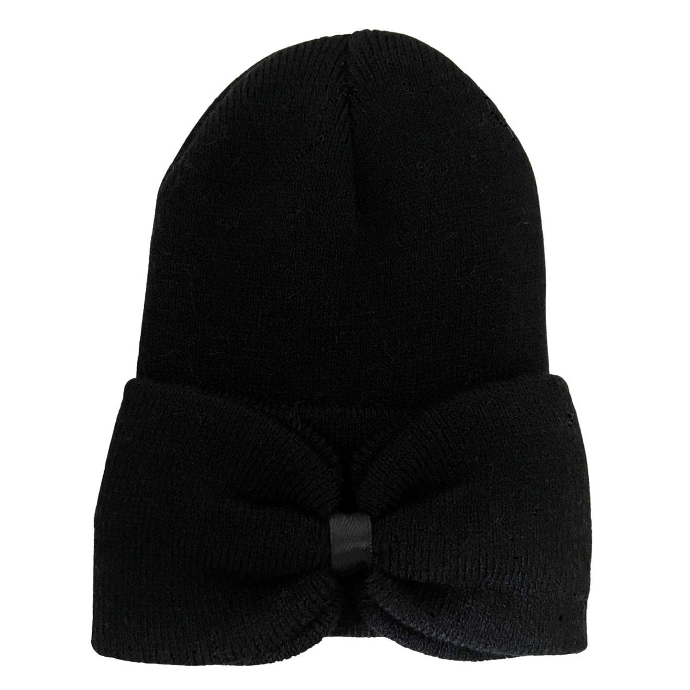 Black knitted beanie hat with a large bow at the front. Ideal for winter wear and stylish accessories.