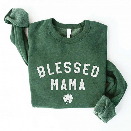 Blessed Mama Clover Women's Graphic Fleece Sweatshirt, Heather Forest