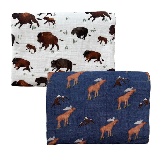 2-Pack Muslin Swaddles, Blue Moose/Bison