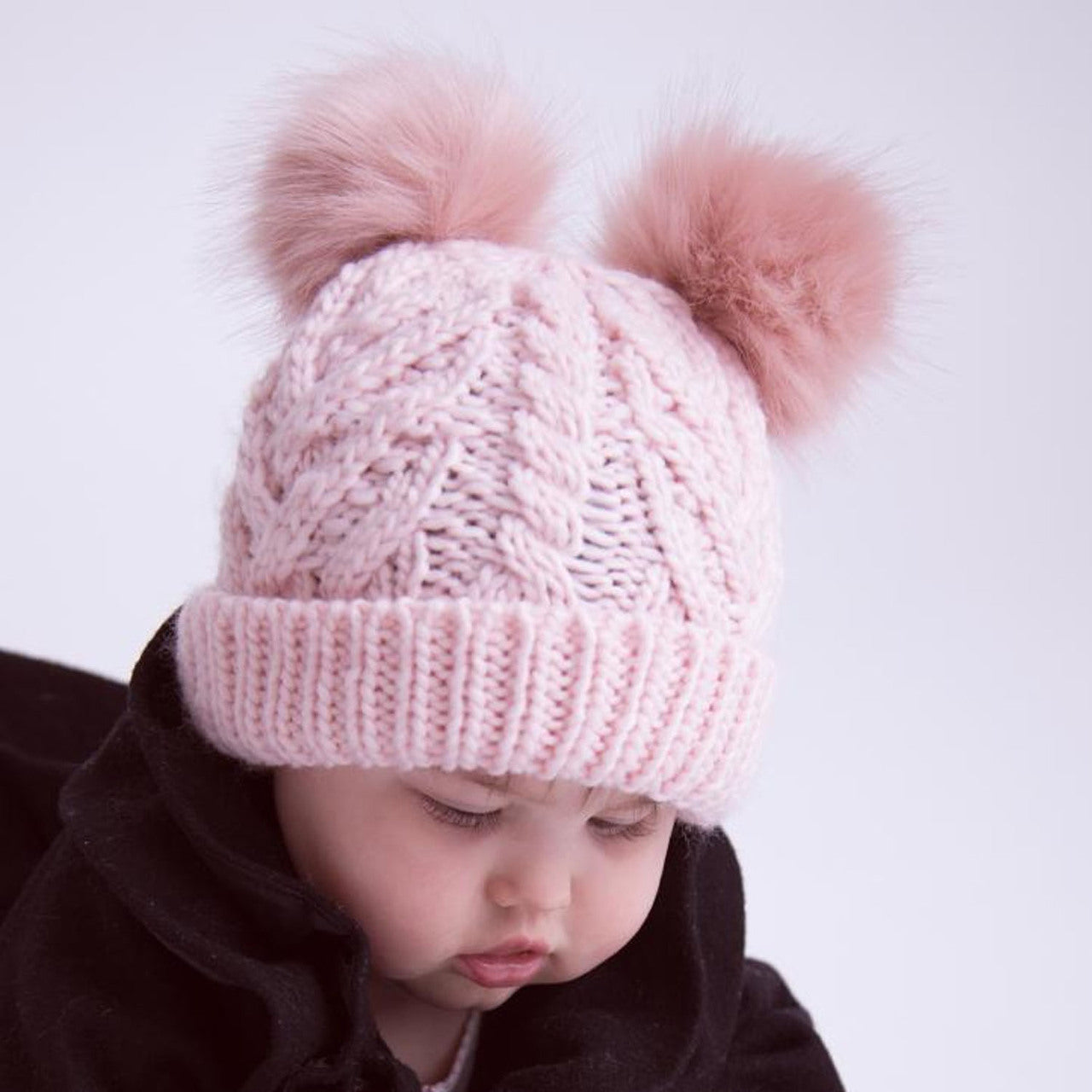SpearmintLOVE’s baby Cable Knit Double Pom Hat, Blush Pink