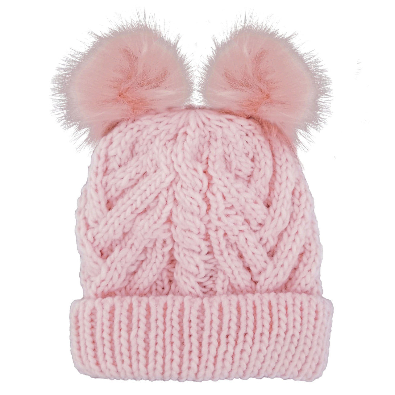 Cable Knit Double Fur Pom Hat, Blush Pink