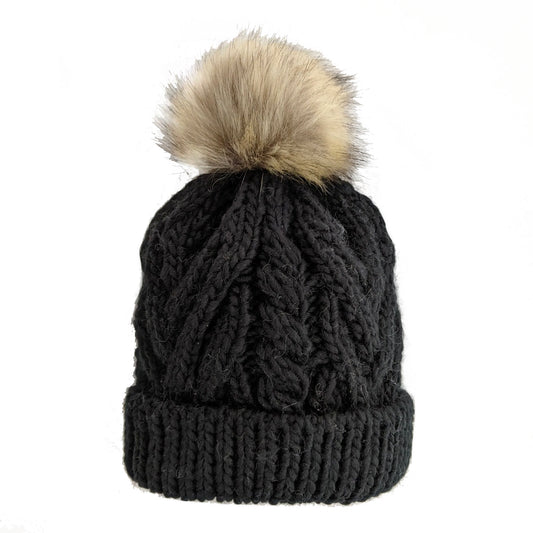 Cable Knit Fur Pom Hat, Black