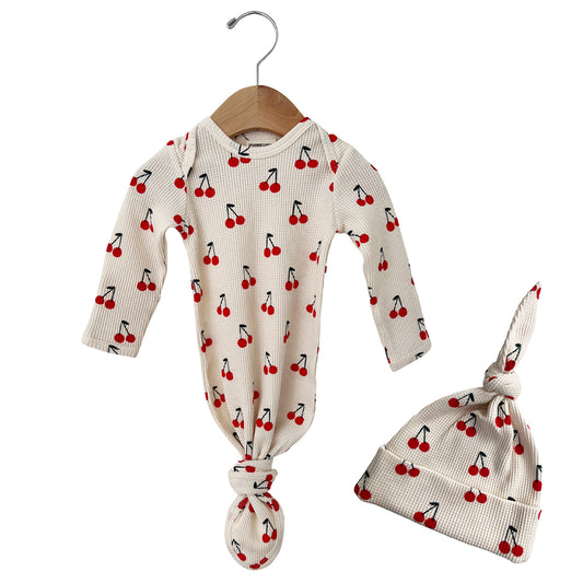 Organic Waffle Knotted Gown & Hat Set, Cherries