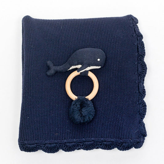 SpearmintLOVE’s baby Heirloom Baby Gift Set, Rattle & Blanket Navy