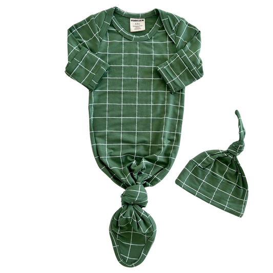 Knotted Gown & Hat Set, Basil Windowpane