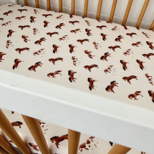 Muslin Mini Crib Sheet, Horses