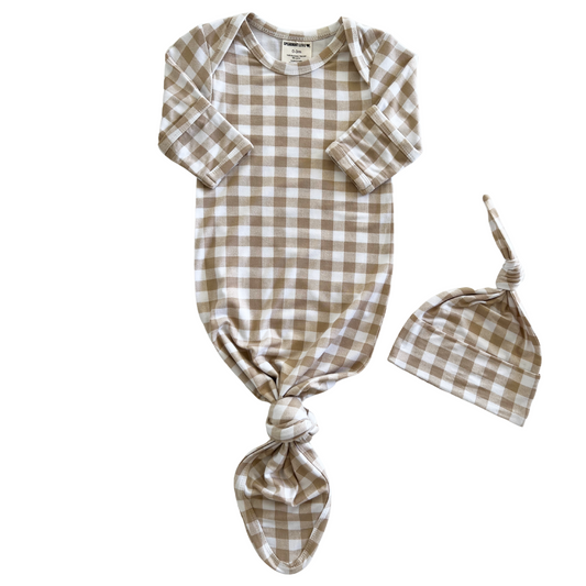 Knotted Gown & Hat Set, Tan Gingham