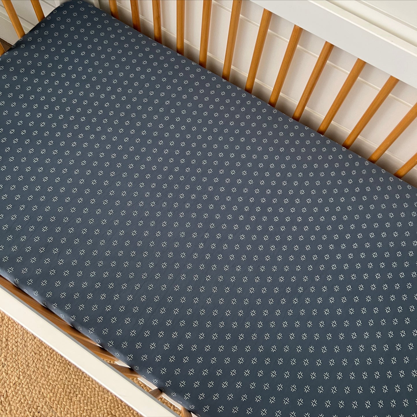 Stretch Crib Sheet, Steel Blue Geo