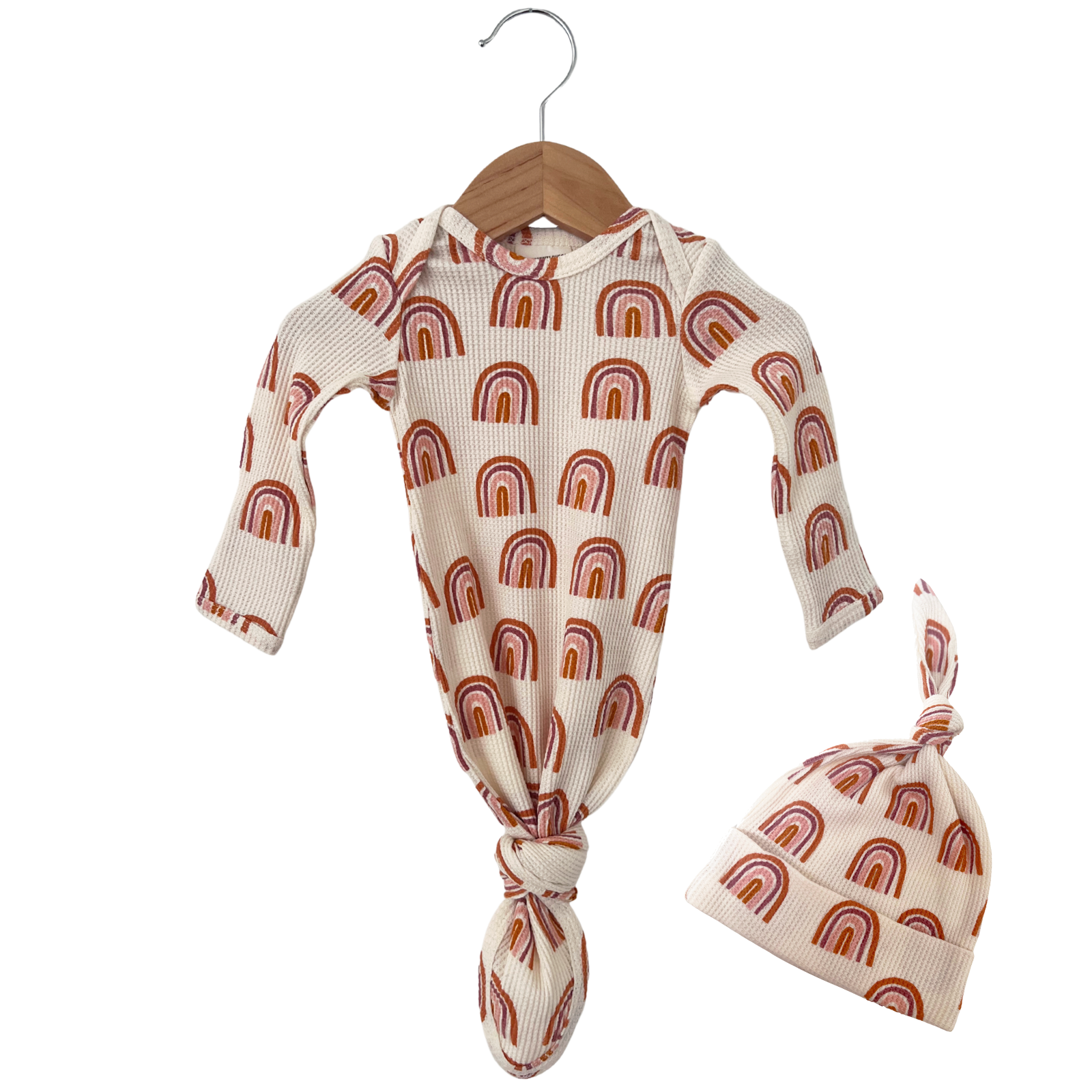 Organic Waffle Knotted Gown & Hat Set, Rust Rainbow SpearmintLOVE