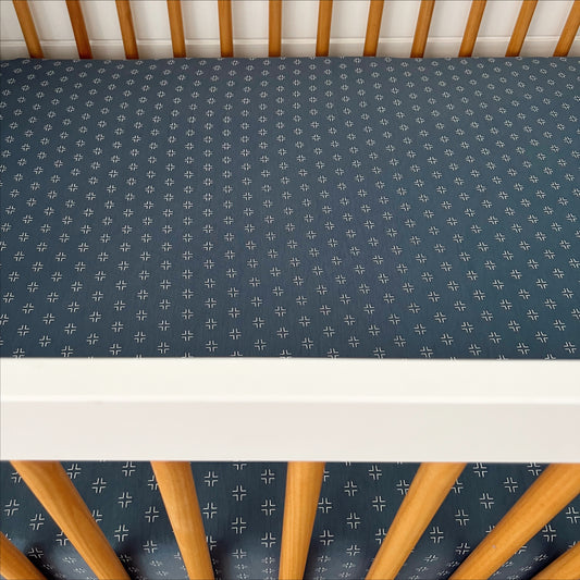 Stretch Mini Crib Sheet, Steel Blue Geo