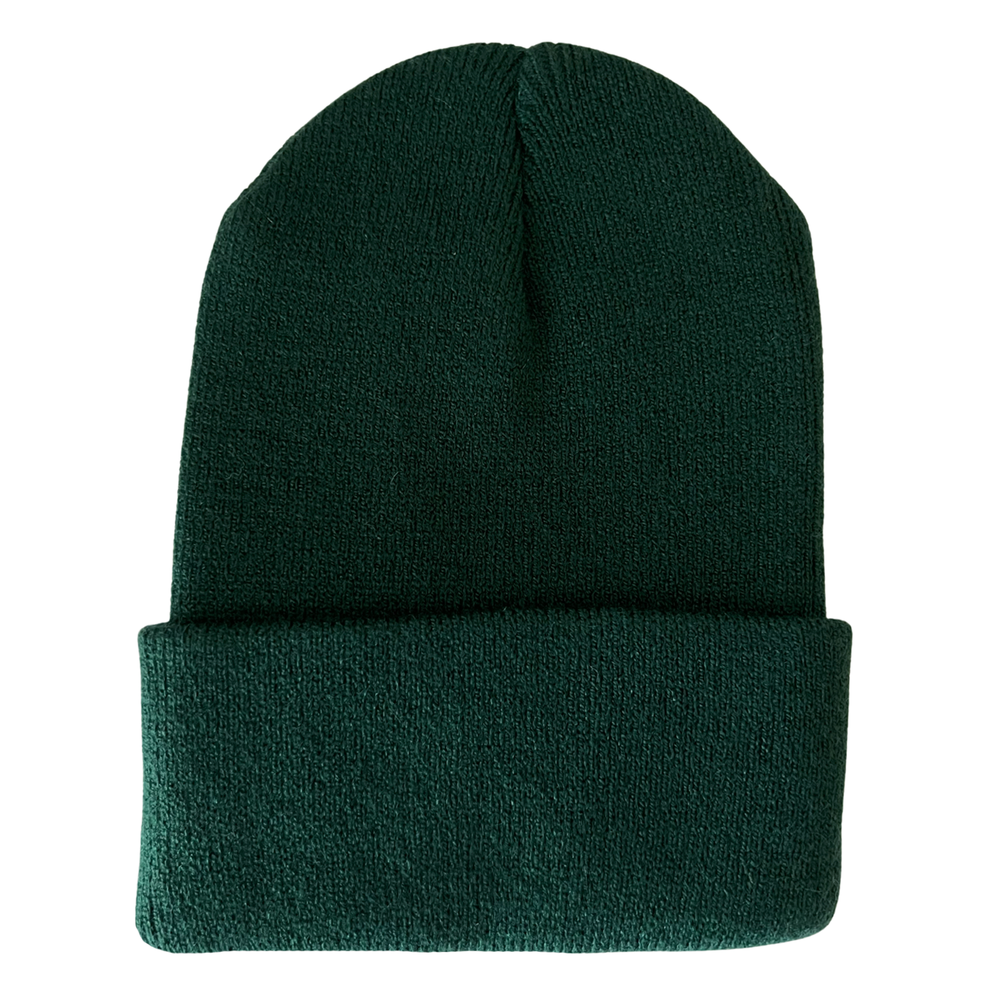 Green knit beanie hat with a rolled cuff, designed for warmth and style during cold weather.