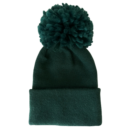 Dark green beanie hat with a fluffy pom-pom on top, folded cuff, perfect for winter fashion.