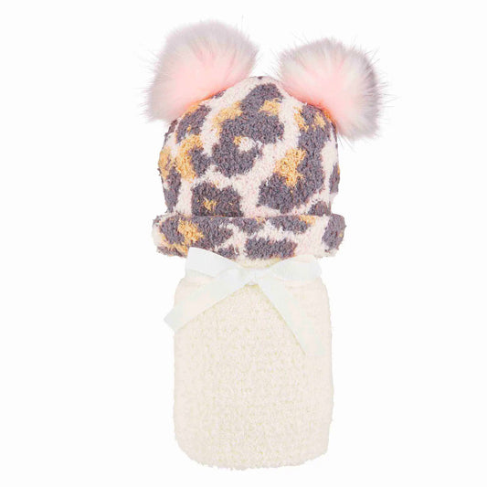 Chenille Blanket & Double Pom Leopard Hat Set, Ivory