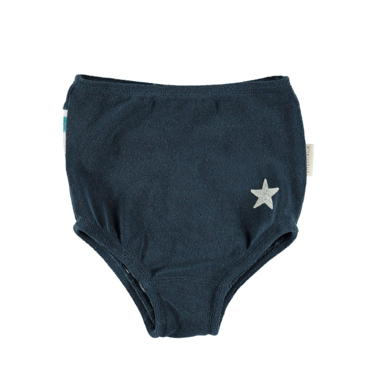 Dark navy swim diaper with a silver star print on the front, ideal for water activities.